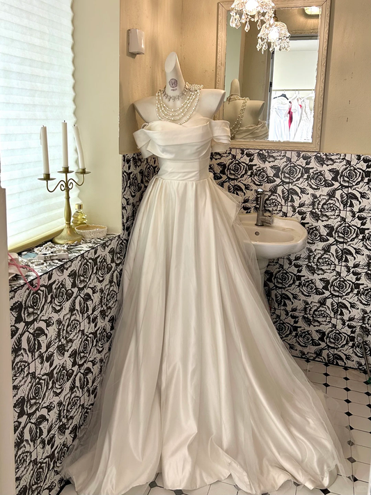 Ivory Soft Off-the-Shoulder Waist-Cinched Minimalist Grand Long Romantic Dress, Wedding Gown gh7599