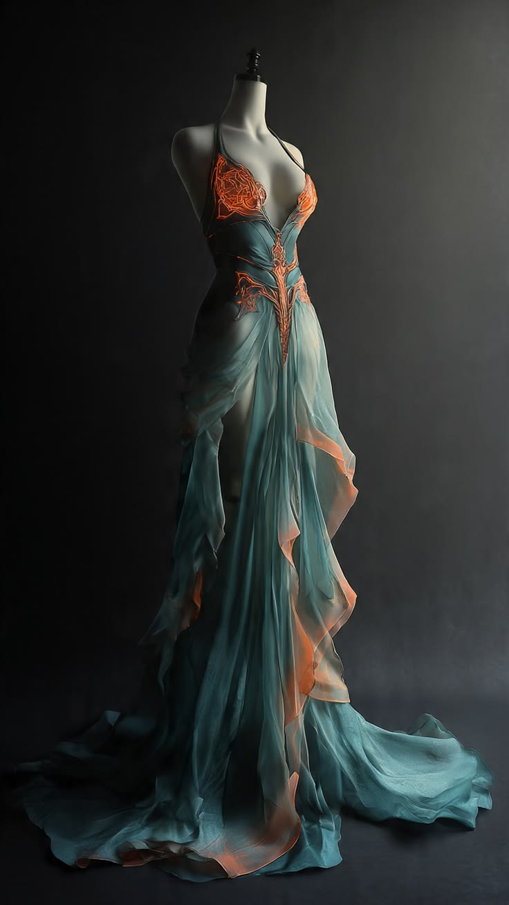✨Girlhomeshops-Teal Fantasy Fairy Embroidered High Slit Evening Gown gh10236