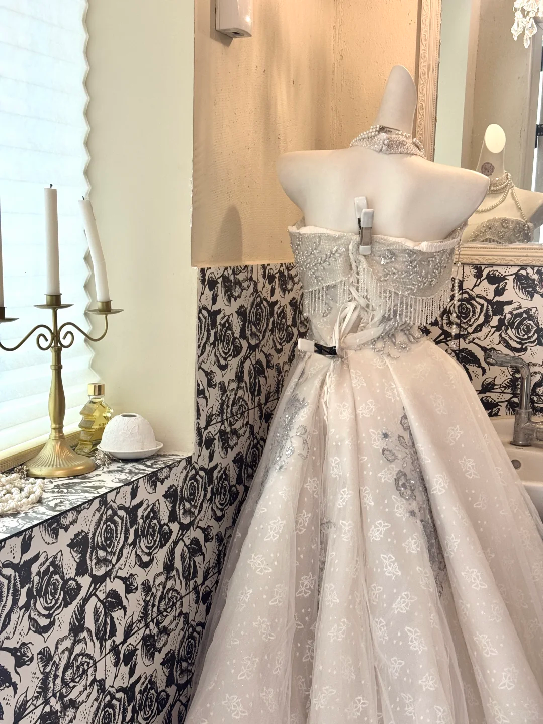 Ivory Strapless Tassel Silver Beaded Waist-Cinched Fitted Full Flared Romantic Dress, Wedding Gown gh7516