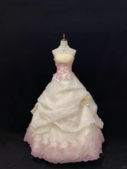 Off-white Strapless Romantic Gown, Cinched Waist, Voluminous Skirt Decorated with Light Pink Lace Trim, Wedding Dress & Bridal Gown gh8168