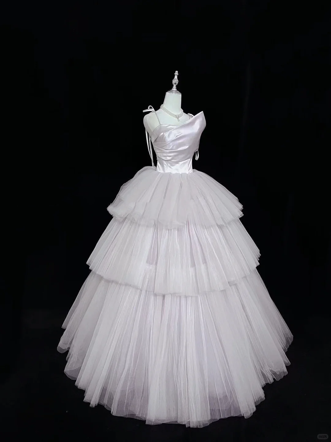 Blush Pink Satin Spaghetti Strap Cinched Waist Voluminous Tiered Princess Skirt Romantic Dress, Wedding Gown gh7988