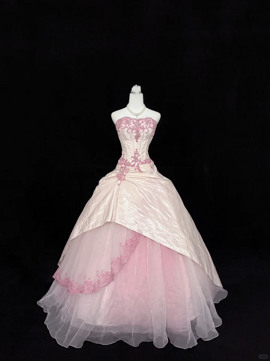 Blush Pink Strapless Embroidered Cinched Waist Voluminous Princess Skirt Long Romantic Dress, Wedding Gown gh7898