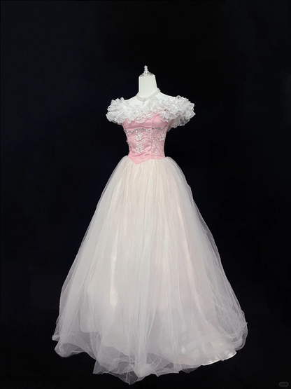 Blush Pink Ruffled Neckline Cinched Waist Full Flared Skirt Vintage Long Romantic Dress, Wedding Gown gh8034