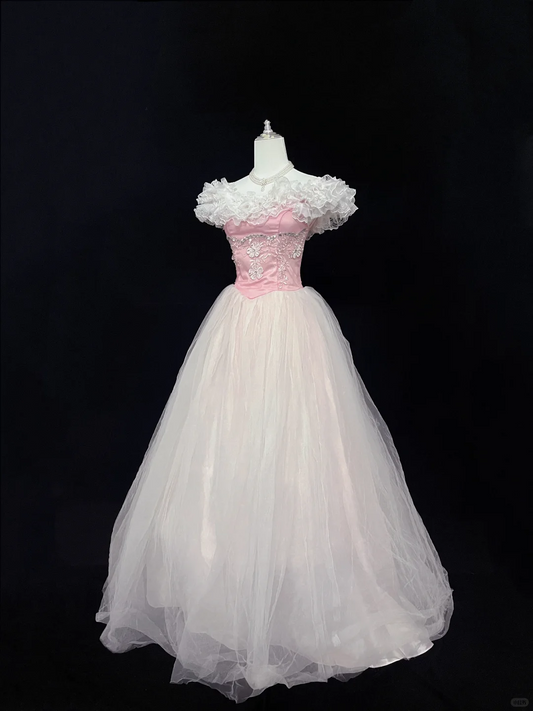 Blush Pink Ruffled Neckline Cinched Waist Full Flared Skirt Vintage Long Romantic Dress, Wedding Gown gh8034