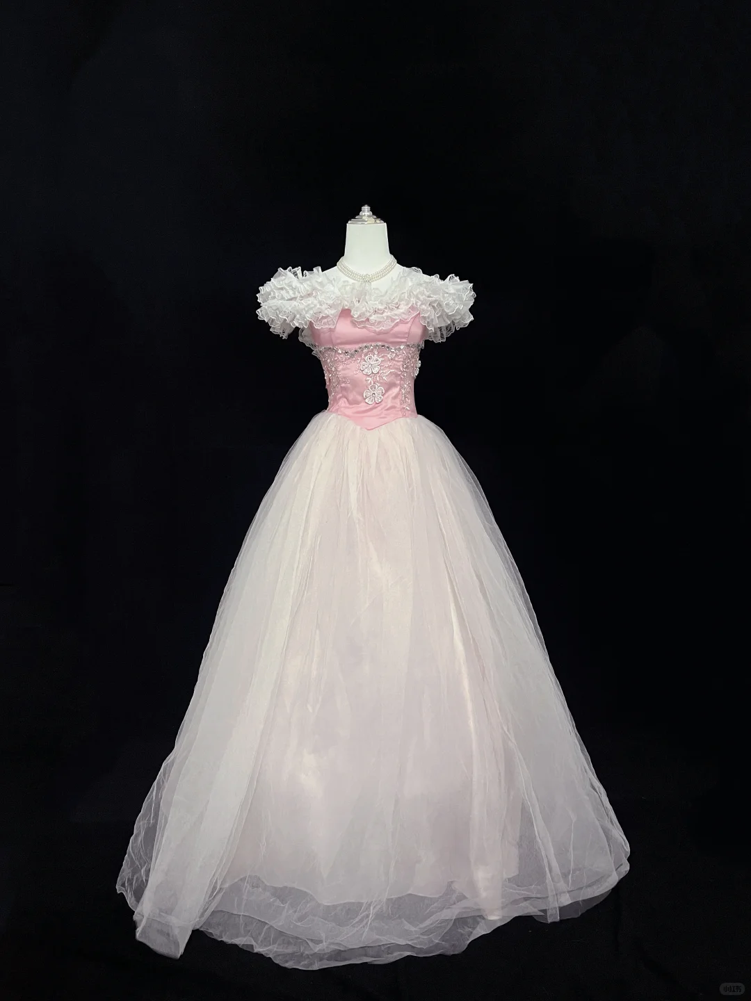 Blush Pink Ruffled Neckline Cinched Waist Full Flared Skirt Vintage Long Romantic Dress, Wedding Gown gh8034