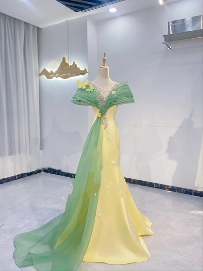 Light Green Spliced Pale Yellow Waist-Cinched Fitted Elegant Long Evening Dress, Fairy Gown, Romantic Gown gh7415