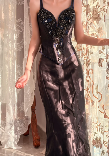 Black V-Neck Spaghetti Strap Long Evening Gown, Corset Bodice Floral Beaded Prom Dress gh9288