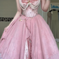Dusty Pink Strapless Corset Ball Gown, Velvet Jacquard Bodice Pearl Chain Ornament Asymmetrical Ruffled Skirt Formal Prom Dress gh8990