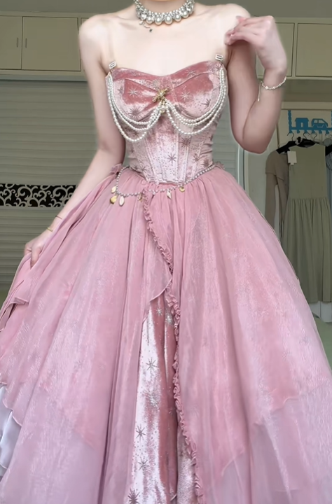 Dusty Pink Strapless Corset Ball Gown, Velvet Jacquard Bodice Pearl Chain Ornament Asymmetrical Ruffled Skirt Formal Prom Dress gh8990
