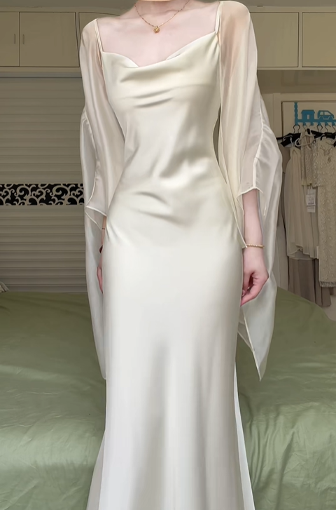 Off‑White Satin Cowl Neck Spaghetti Strap Mermaid Evening Gown, With Sheer Chiffon Cape Shawl Formal Prom Dress gh9007