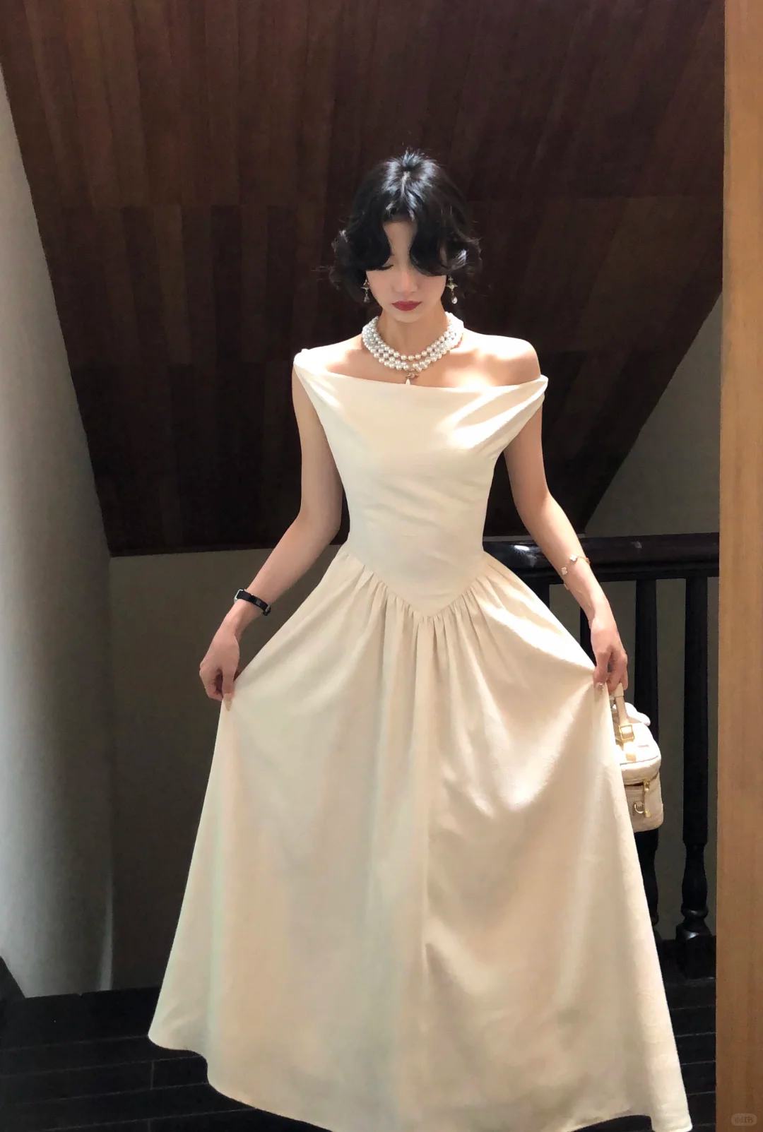 Ivory Jacquard Vintage Evening Gown, Cowl Off‑the‑Shoulder Sleeveless, Fitted Waist, Heart Notched Gathered A‑Line Long Skirt, Party Bridal Dress gh8917