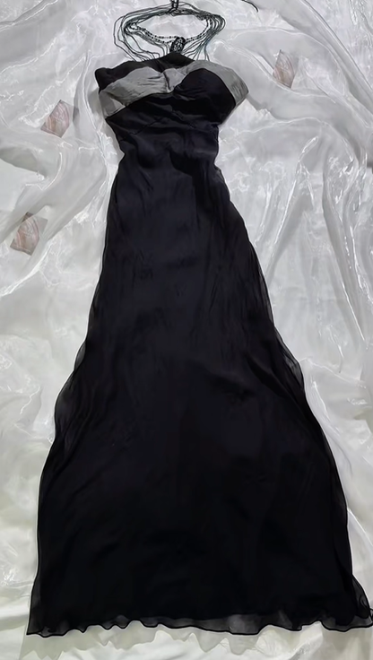 Elegant Vintage Black Halter Fitted Waist Slim Long Prom & Evening Party Dress gh8507