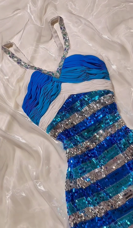 Sexy Vintage Blue Halter Prom & Evening Party Dress, Striped Sequin, Fitted Waist Slim Silhouette gh8533