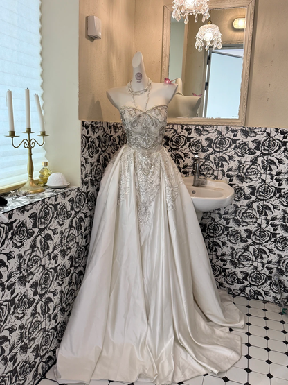 Ivory Strapless Gown with Silver Embellishments, High-End Sexy Waist-Cinched Long Romantic Dress, Wedding Gown gh7535