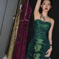 Dark Green Iridescent Strapless Ruffled Long Evening Gown Ruched Prom Dress gh9853