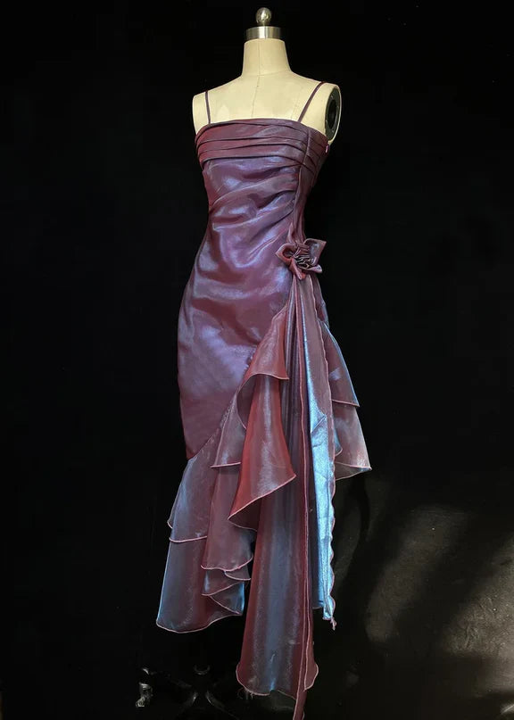 Robe de soirée longue en satin bleu brillant et élégant à bretelles spaghetti gh3489