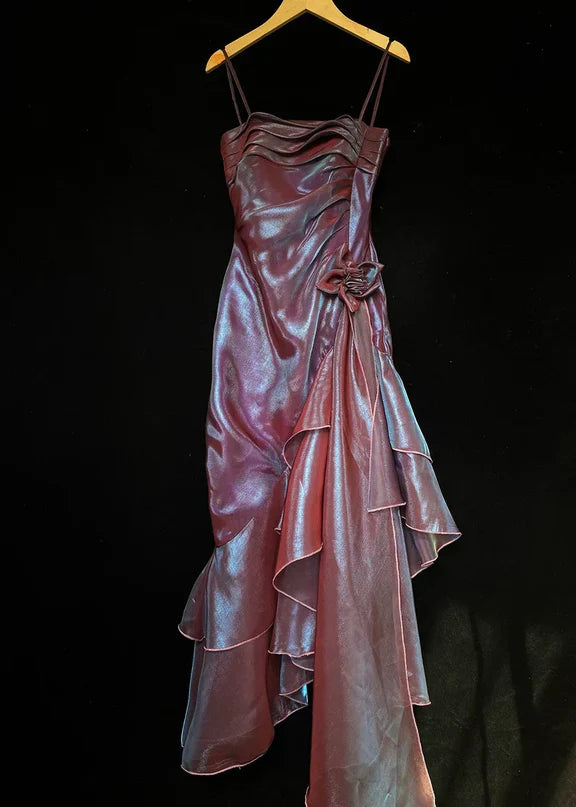 Robe de soirée longue en satin bleu brillant et élégant à bretelles spaghetti gh3489
