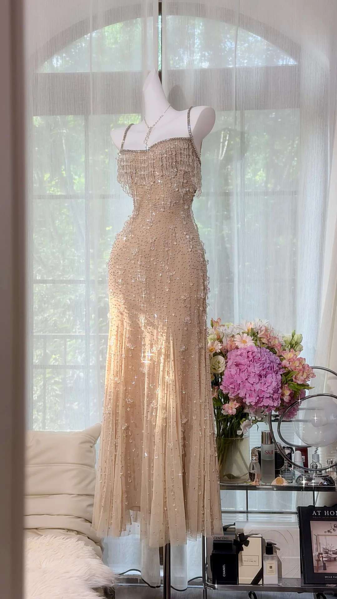Nude Heavy Crystal Fringe Spaghetti Strap Mermaid Prom Dress, Beaded Tulle Long Evening Gown, Sparkly Formal Party Dress gh9496