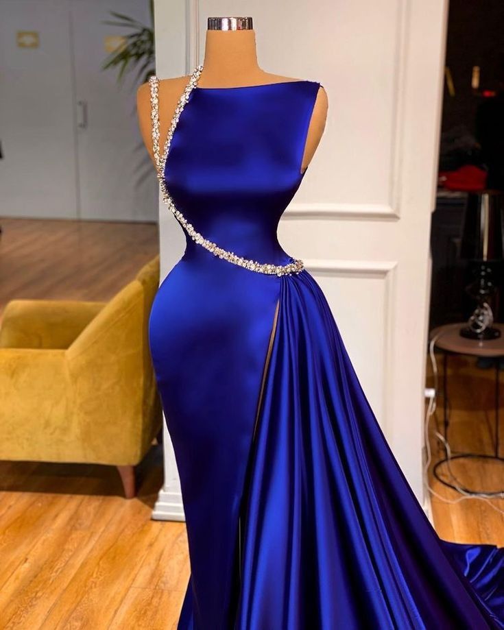 Robe de soirée longue bleue magnifique et brillante avec fente latérale élégante et longue au sol gh3232