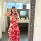 Hot Red Floral Print A-Linie Rückenfrei Rüschen Lange Chiffon Elegante Sexy Ballkleid Abendkleid Partykleid gh3185