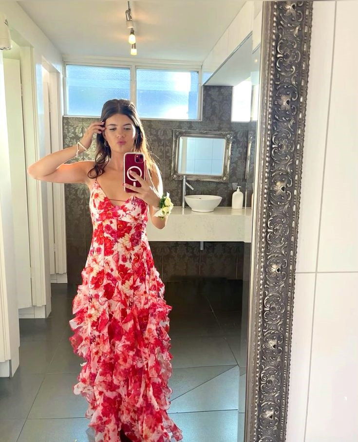 Hot Red Floral Print A-Linie Rückenfrei Rüschen Lange Chiffon Elegante Sexy Ballkleid Abendkleid Partykleid gh3185