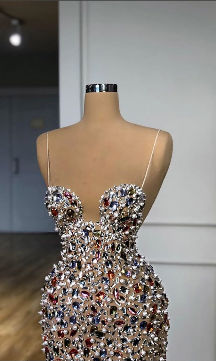 Girlhomeshops - Buntes, sexy, elegantes Ballkleid mit Strasssteinen und Spaghettiträgern, langes Abendkleid, gh5036