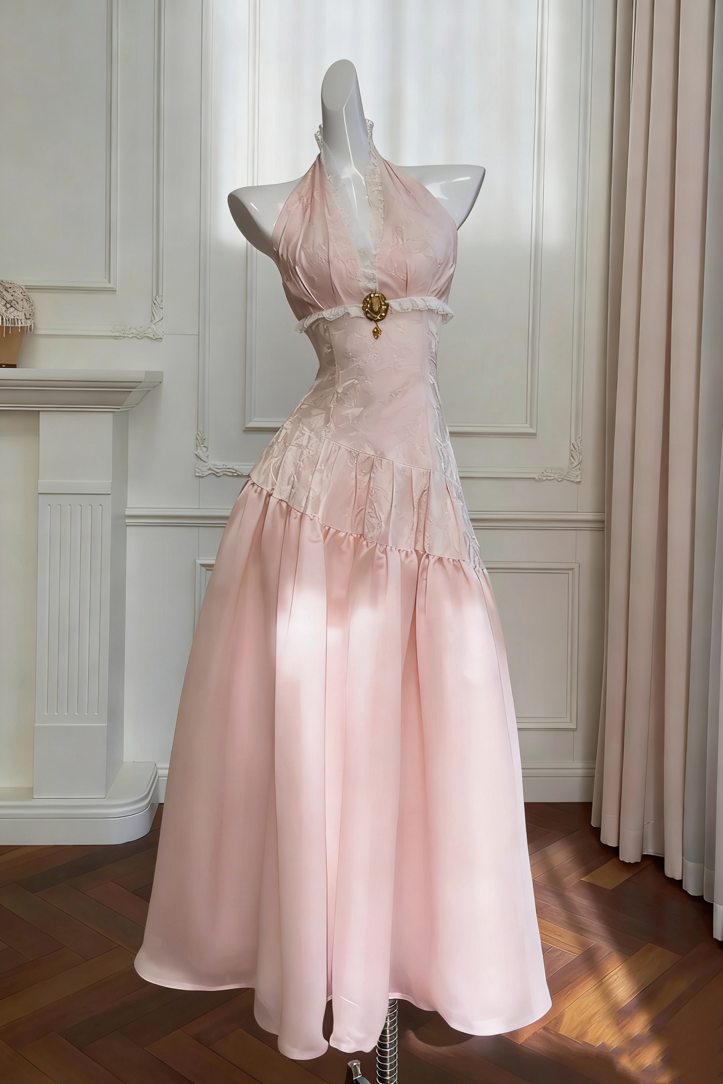girlhomeshops-Vintage Lace Jacquard Halter Evening Dress, Long Sleeveless Elegant Party Gown gh5902