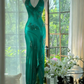 Robe de soirée longue en mousseline de soie, élégante, vert foncé, avec perles, gh4749