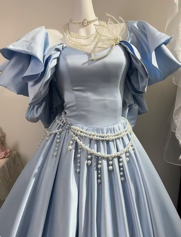 Dusty Blue Satin Long Evening Gown, Off Shoulder Ruffle Puff Sleeve V-Neck Pearl Waist Chain A-Line Ball Gown gh9268