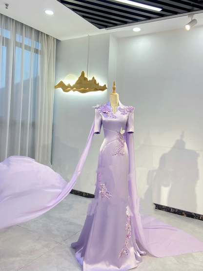 Light Purple Mid-Long Sleeve Waist-Cinched Fitted Long Evening Dress, Fairy Gown, Romantic Gown gh7416