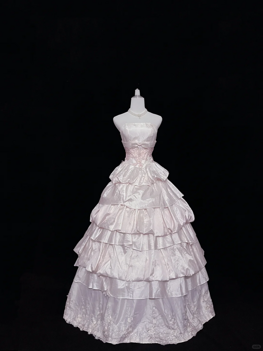 Blush Pink Satin Strapless Cinched Waist Voluminous Tiered Skirt Elegant Luxury Romantic Dress, Wedding Gown gh8035