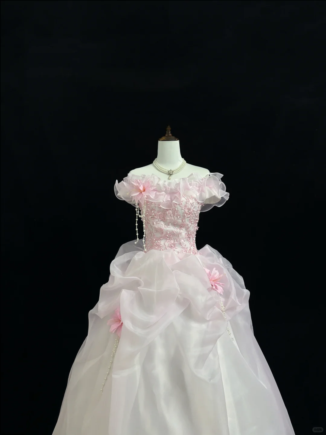 Blush Pink Ombre Strapless Floral Cinched Waist White Voluminous Skirt Romantic Dress, Wedding Gown gh7863