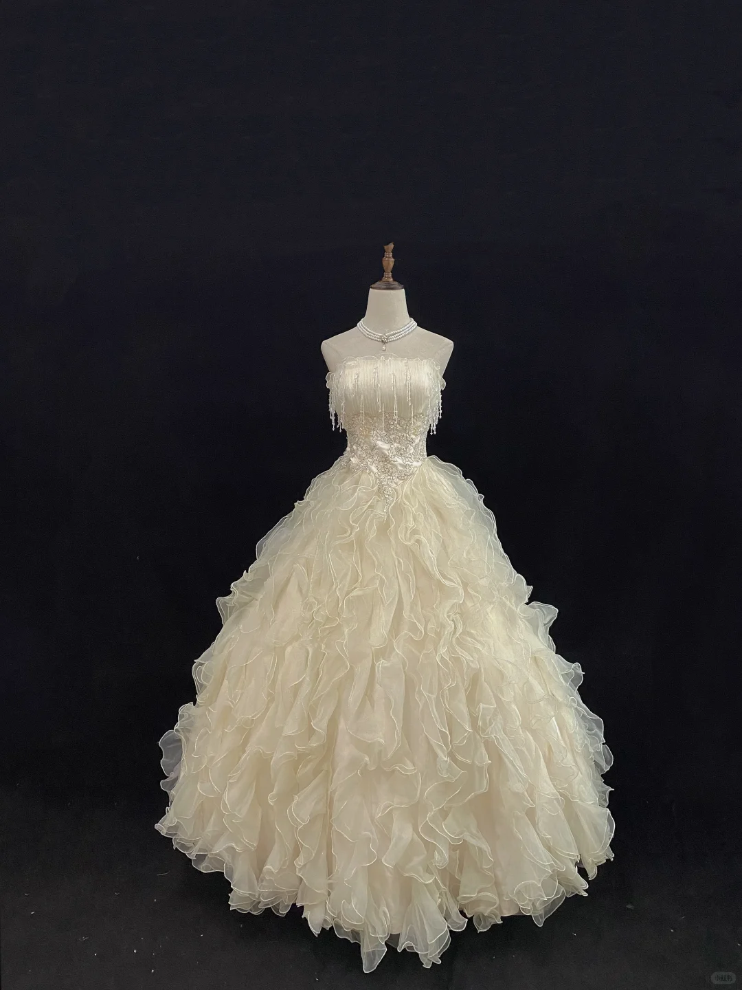 Light Apricot Strapless Romantic Gown with Beaded Tassels, Cinched Waist & Voluminous Princess Skirt, Wedding Dress & Bridal Gown gh8124