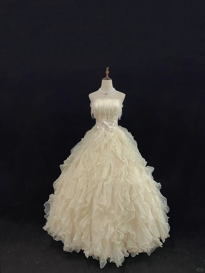 Light Apricot Strapless Romantic Gown with Beaded Tassels, Cinched Waist & Voluminous Princess Skirt, Wedding Dress & Bridal Gown gh8124