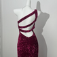 Rose Red Sequin One-Shoulder Fitted Waist Slim Bodycon Prom & Evening Dress gh7226