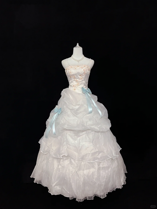 Light Apricot Spaghetti Strap Cinched Waist Voluminous Princess Skirt Long Romantic Dress, Wedding Gown gh7949