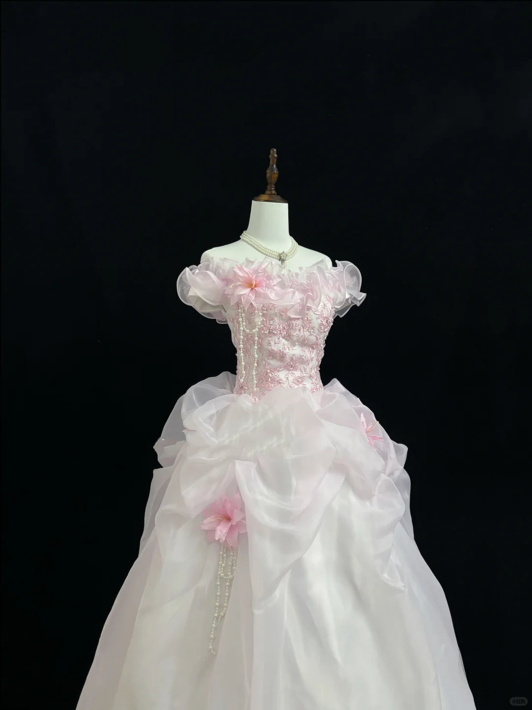 Blush Pink Ombre Strapless Floral Cinched Waist White Voluminous Skirt Romantic Dress, Wedding Gown gh7863