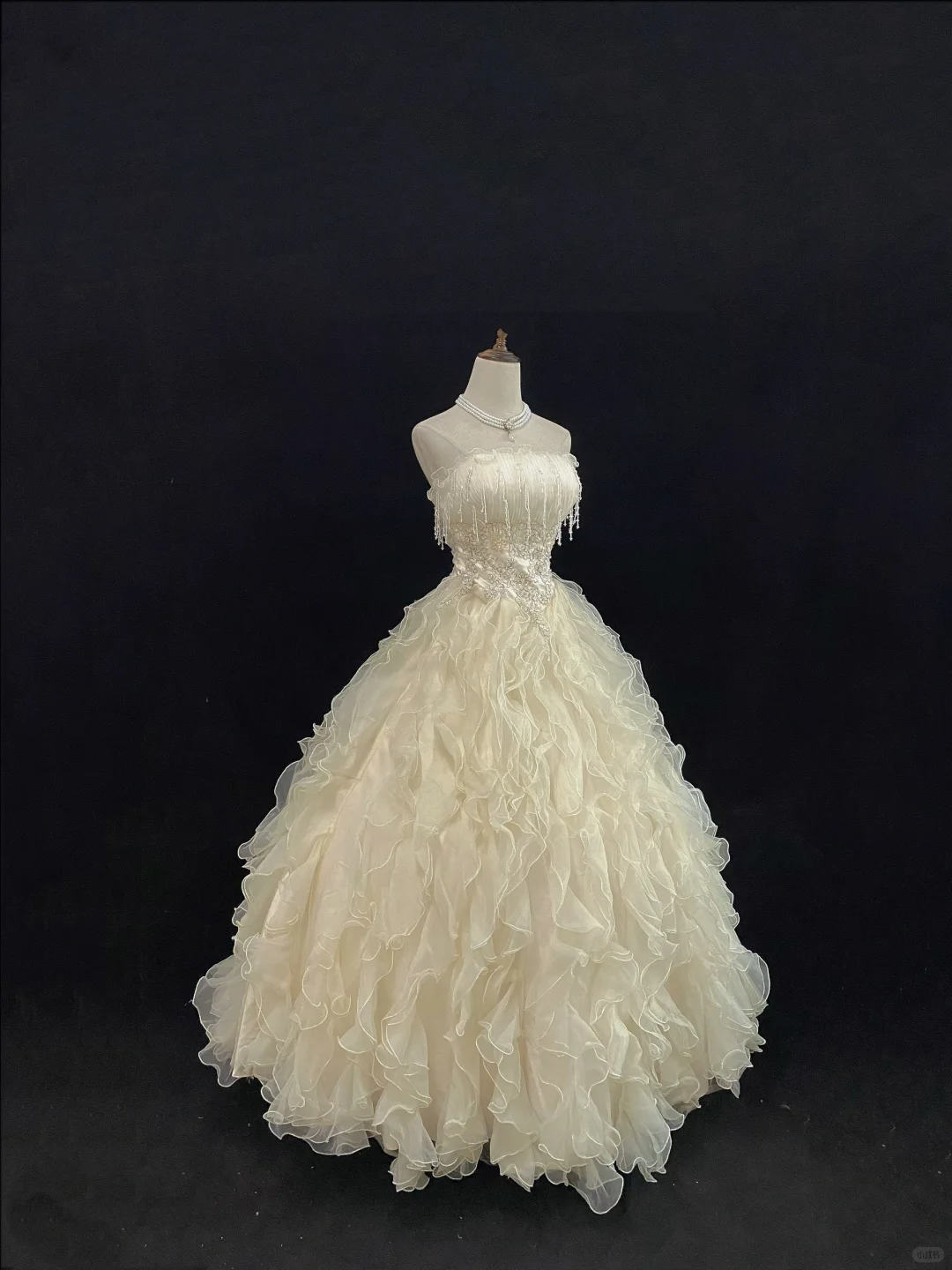 Light Apricot Strapless Romantic Gown with Beaded Tassels, Cinched Waist & Voluminous Princess Skirt, Wedding Dress & Bridal Gown gh8124