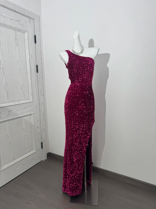Rose Red Sequin One-Shoulder Fitted Waist Slim Bodycon Prom & Evening Dress gh7226