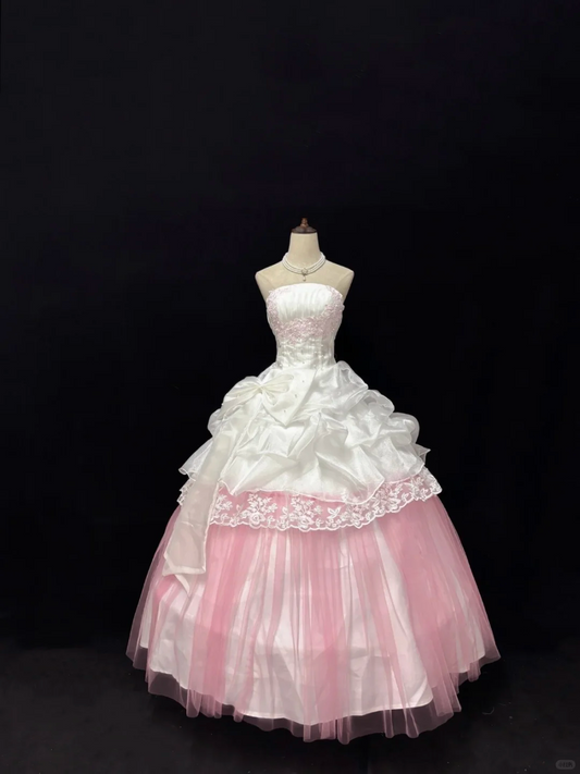 Blush Pink & White Color Block Strapless Cinched Waist Voluminous Princess Skirt Long Romantic Dress, Wedding Gown gh7899