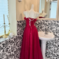 Burgundy Off-the-Shoulder Waist-Cinched Fitted Long Elegant Romantic Dress, Wedding Gown gh7565