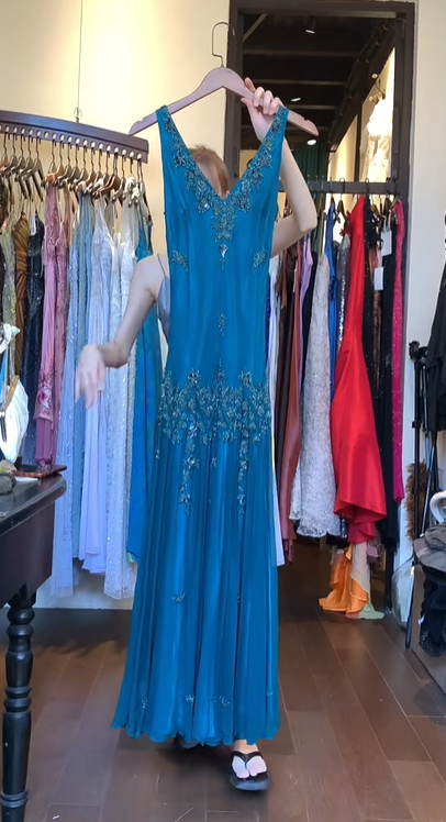 Teal Beaded Pleated Chiffon Long Evening Gown Sleeveless V Neck Prom Dress gh9845