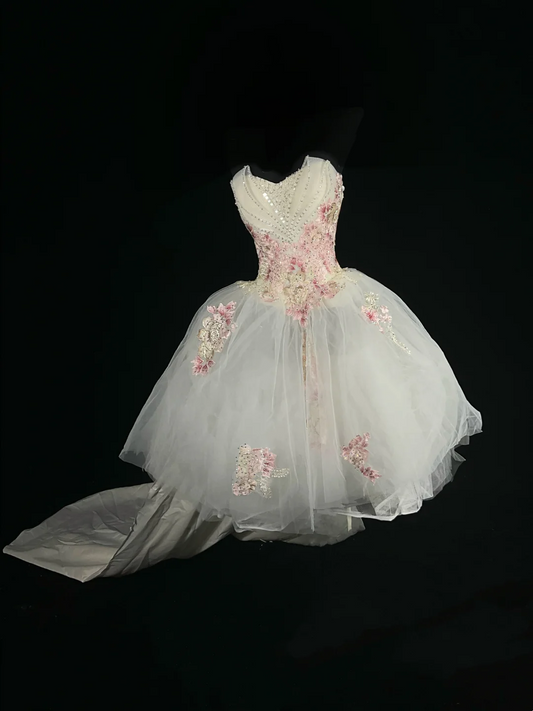 White Strapless Waist-Cinched Gown with Pink Embroidery, Cute Princess Style for Birthday Parties gh7166