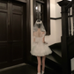 Women Pure White Spaghetti Strap Homecoming Dress V Neck Lace Bow Detachable Long Sleeve Boned Waist Fluffy Tulle Short Prom Gown gh9442