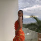 Robe de soirée longue sirène à bretelles spaghetti orange sexy à ourlet à volants, robe d'invité de mariage, robe de bal, robe de soirée moulante irrégulière gh3036