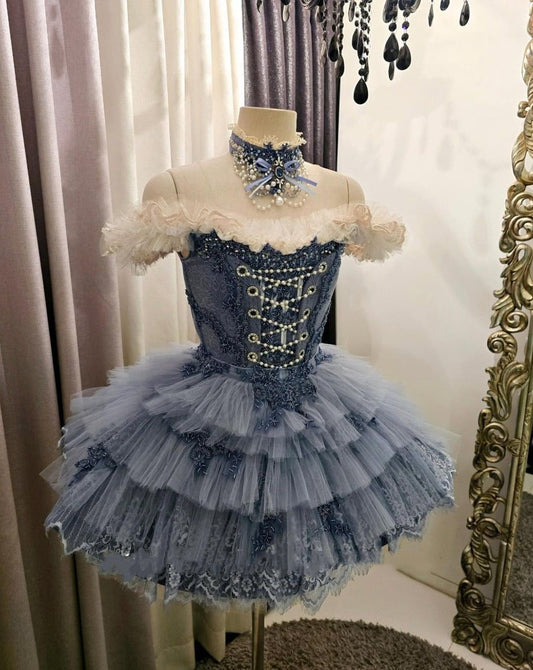 Robe de soirée courte en tulle bleu à volants et perles, robe de bal, robe de fête d'anniversaire, gh4913