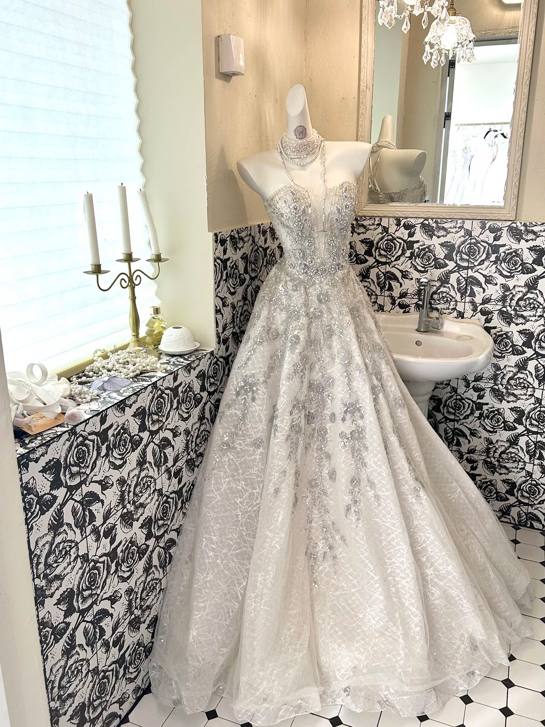 Ivory Gown with Silver Ornaments, Luxurious Exquisite Full Flared Long Romantic Dress, Wedding Gown gh7717