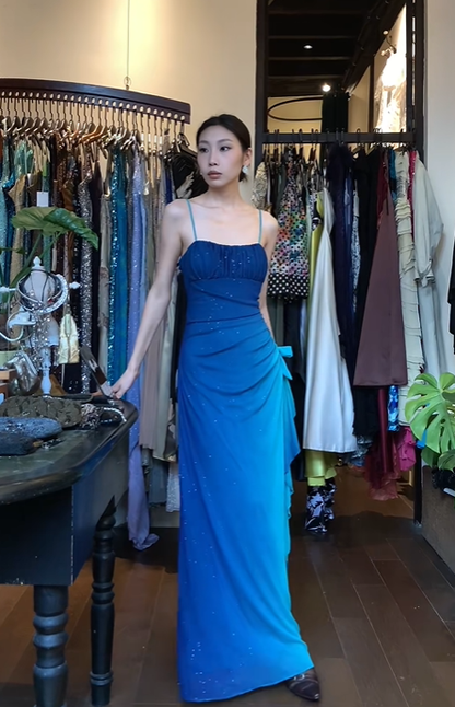 Blue Ombre Spaghetti Strap Long Formal Gown Hand Beaded Ruffle Bow Evening Dress gh9651