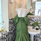 Green Strapless Soft Neckline Waist-Cinched Fitted Ruched Mermaid Skirt Long Romantic Dress gh7624