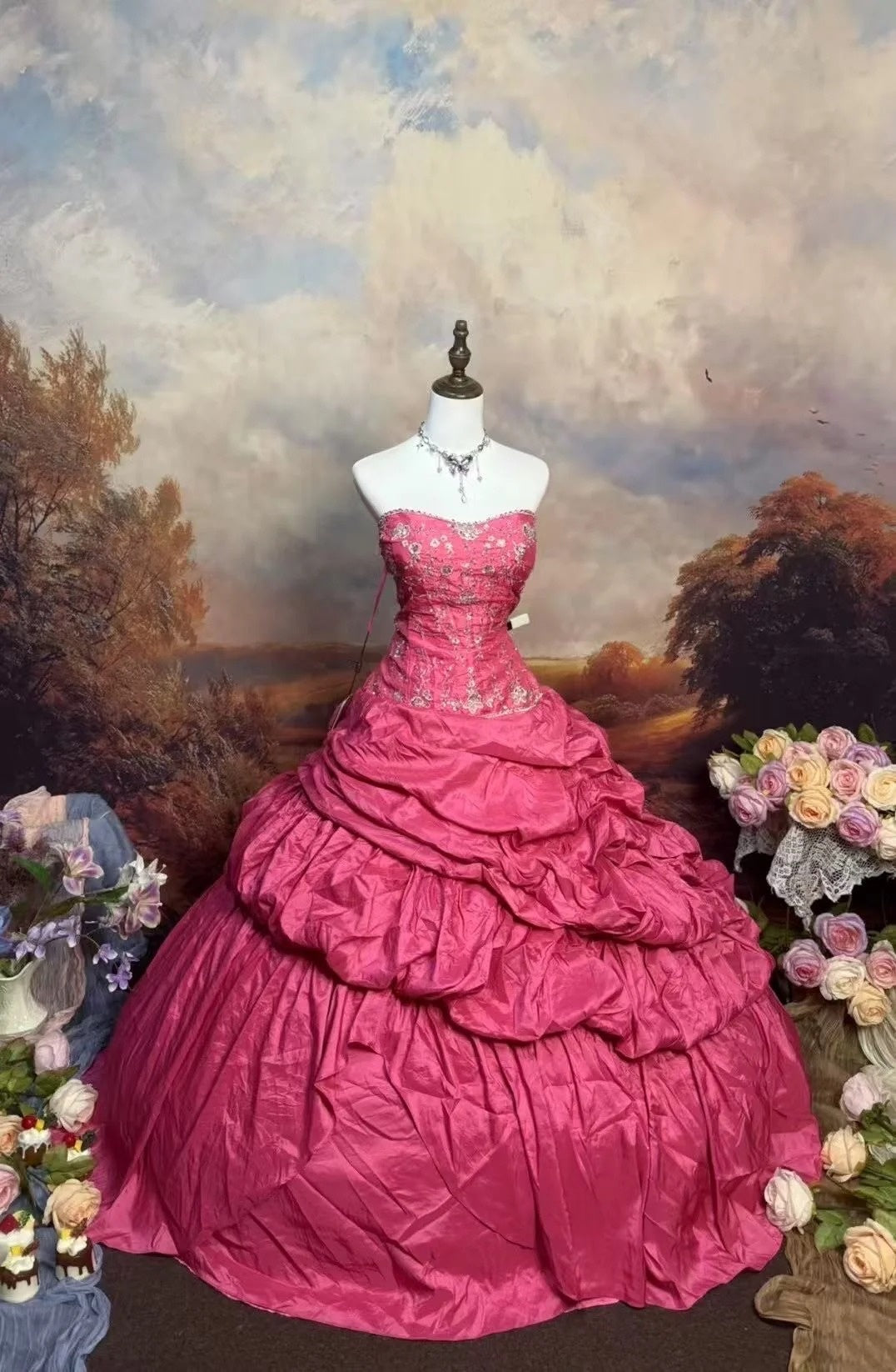 girlhomeshops - Robe de bal longue en satin rose à motif floral délicat gh6288